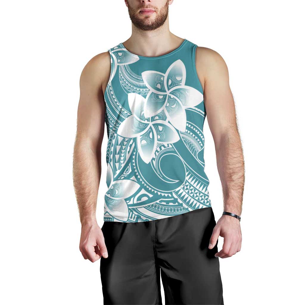 Polynesian Plumeria Flowers Tribal Men Tank Top Pacific Tattoo Teal Style - Polynesian Pride
