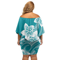 Polynesian Plumeria Flowers Tribal Off Shoulder Short Dress Pacific Tattoo Teal Style - Polynesian Pride