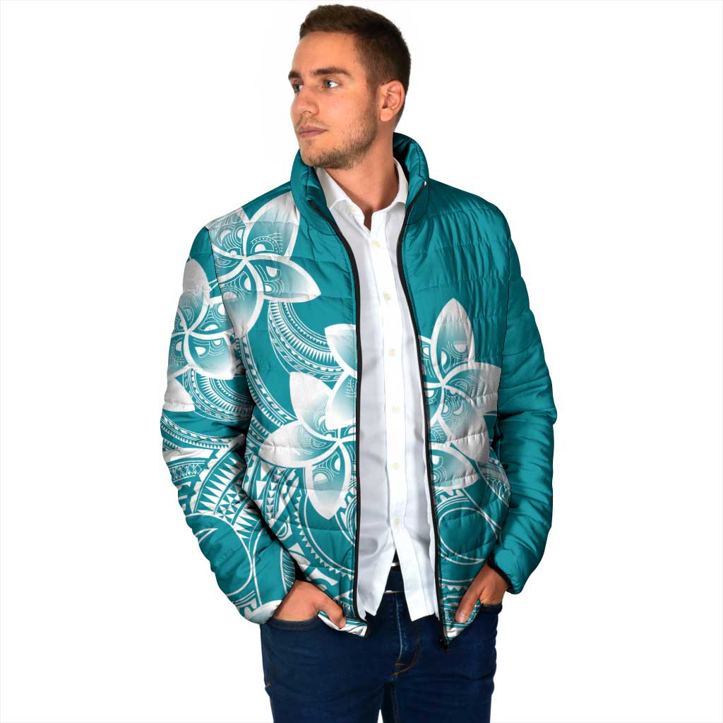 Polynesian Plumeria Flowers Tribal Padded Jacket Pacific Tattoo Teal Style - Polynesian Pride
