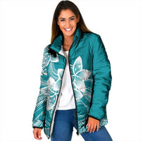 Polynesian Plumeria Flowers Tribal Padded Jacket Pacific Tattoo Teal Style - Polynesian Pride