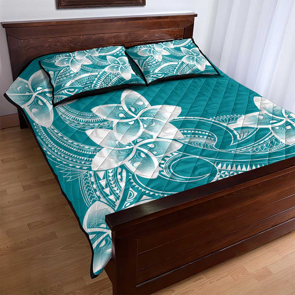Polynesian Plumeria Flowers Tribal Quilt Bed Set Pacific Tattoo Teal Style - Polynesian Pride