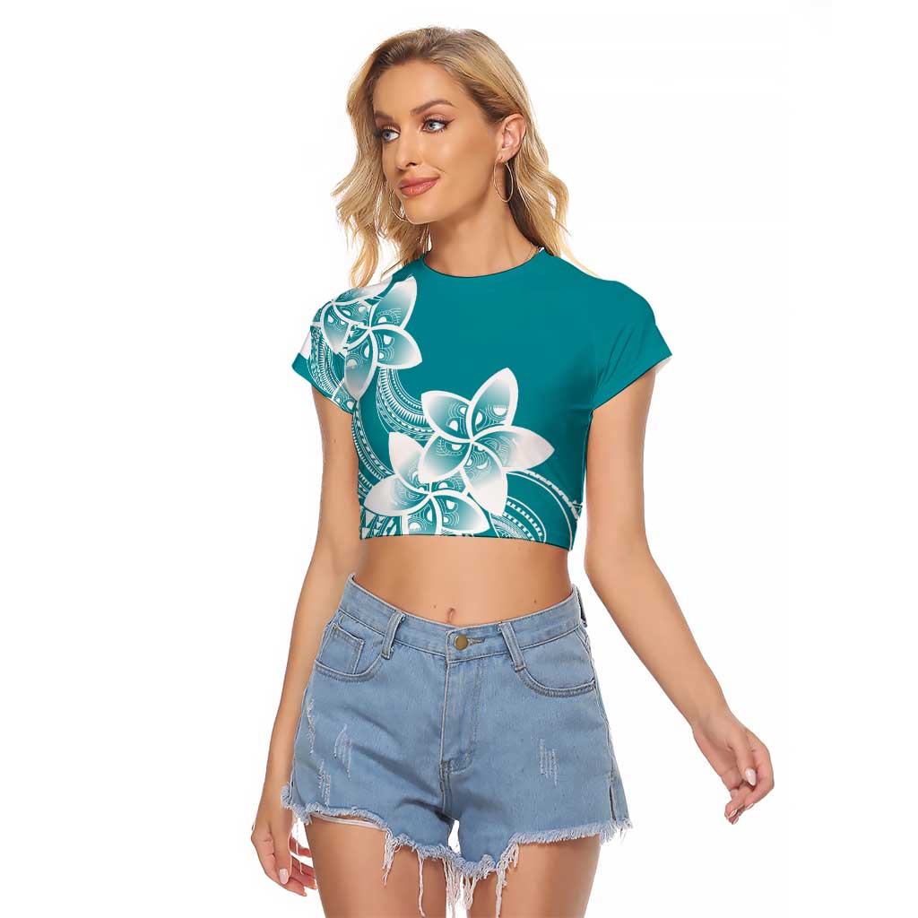 Polynesian Plumeria Flowers Tribal Raglan Cropped T Shirt Pacific Tattoo Teal Style - Polynesian Pride