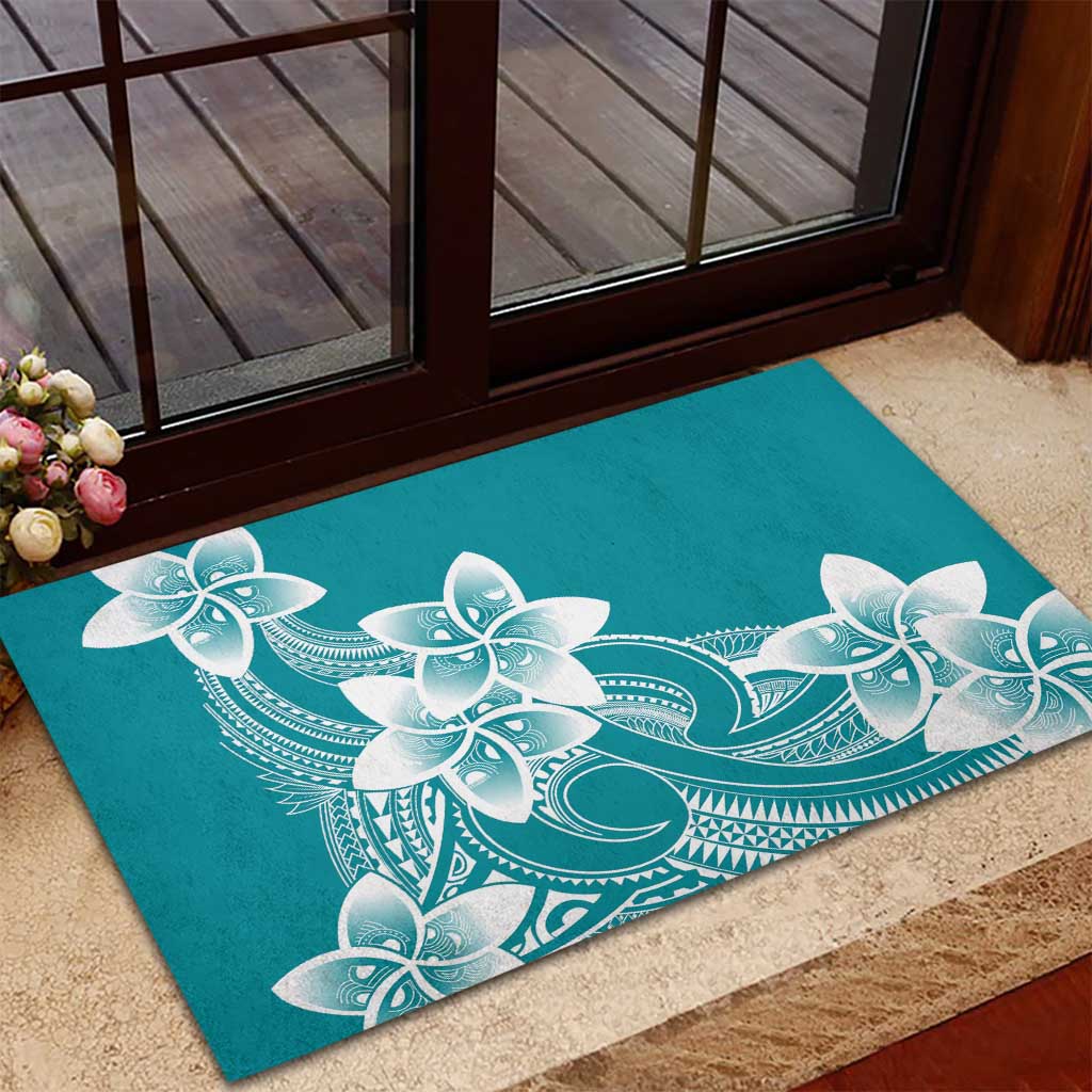 Polynesian Plumeria Flowers Tribal Rubber Doormat Pacific Tattoo Teal Style - Polynesian Pride