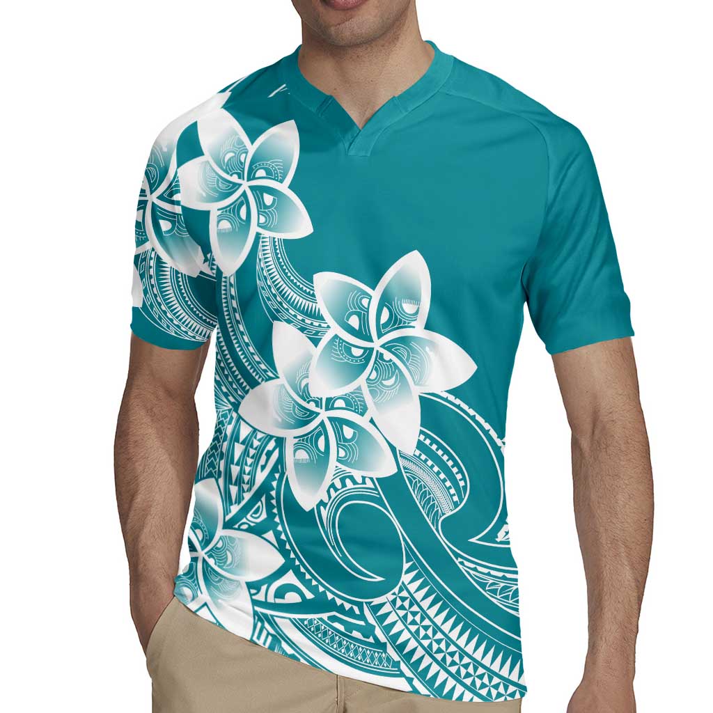 Polynesian Plumeria Flowers Tribal Rugby Jersey Pacific Tattoo Teal Style - Polynesian Pride