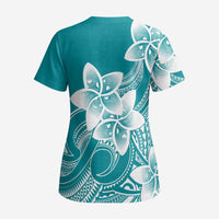 Polynesian Plumeria Flowers Tribal Scrub Top Pacific Tattoo Teal Style - Polynesian Pride