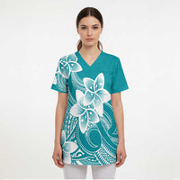 Polynesian Plumeria Flowers Tribal Scrub Top Pacific Tattoo Teal Style - Polynesian Pride