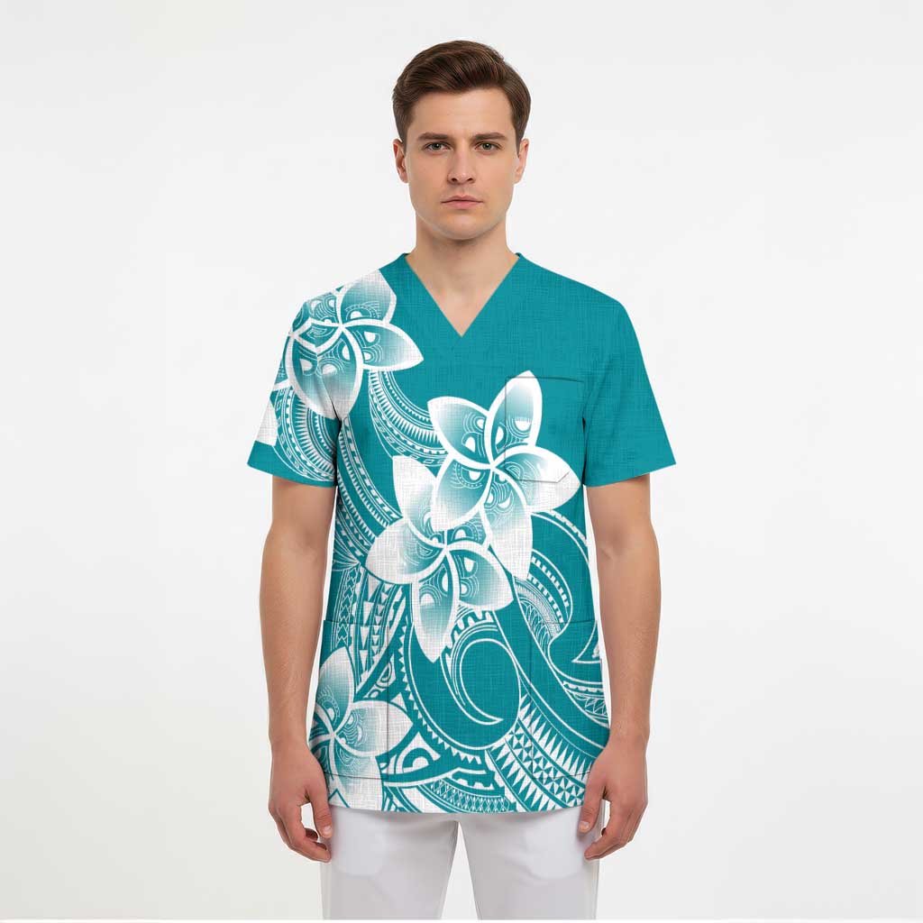 Polynesian Plumeria Flowers Tribal Scrub Top Pacific Tattoo Teal Style - Polynesian Pride