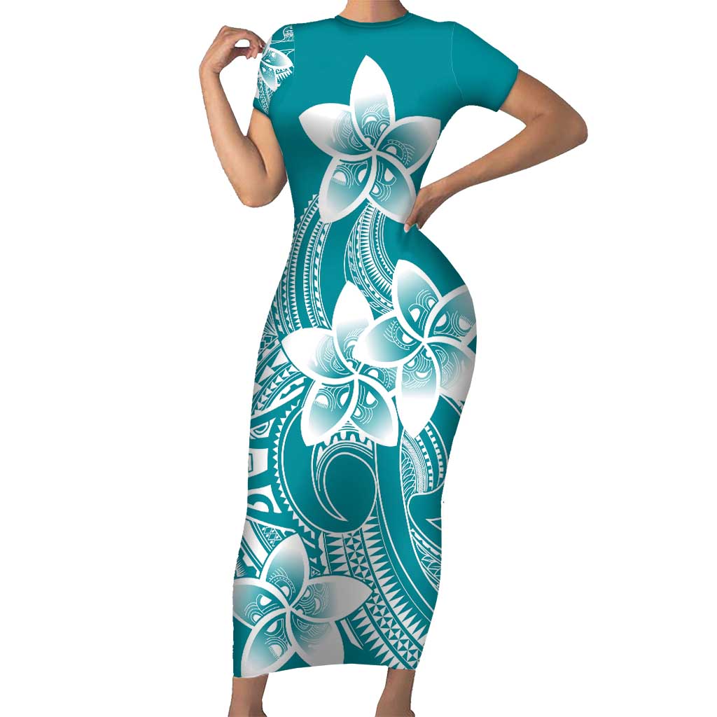 Polynesian Plumeria Flowers Tribal Short Sleeve Bodycon Dress Pacific Tattoo Teal Style - Polynesian Pride