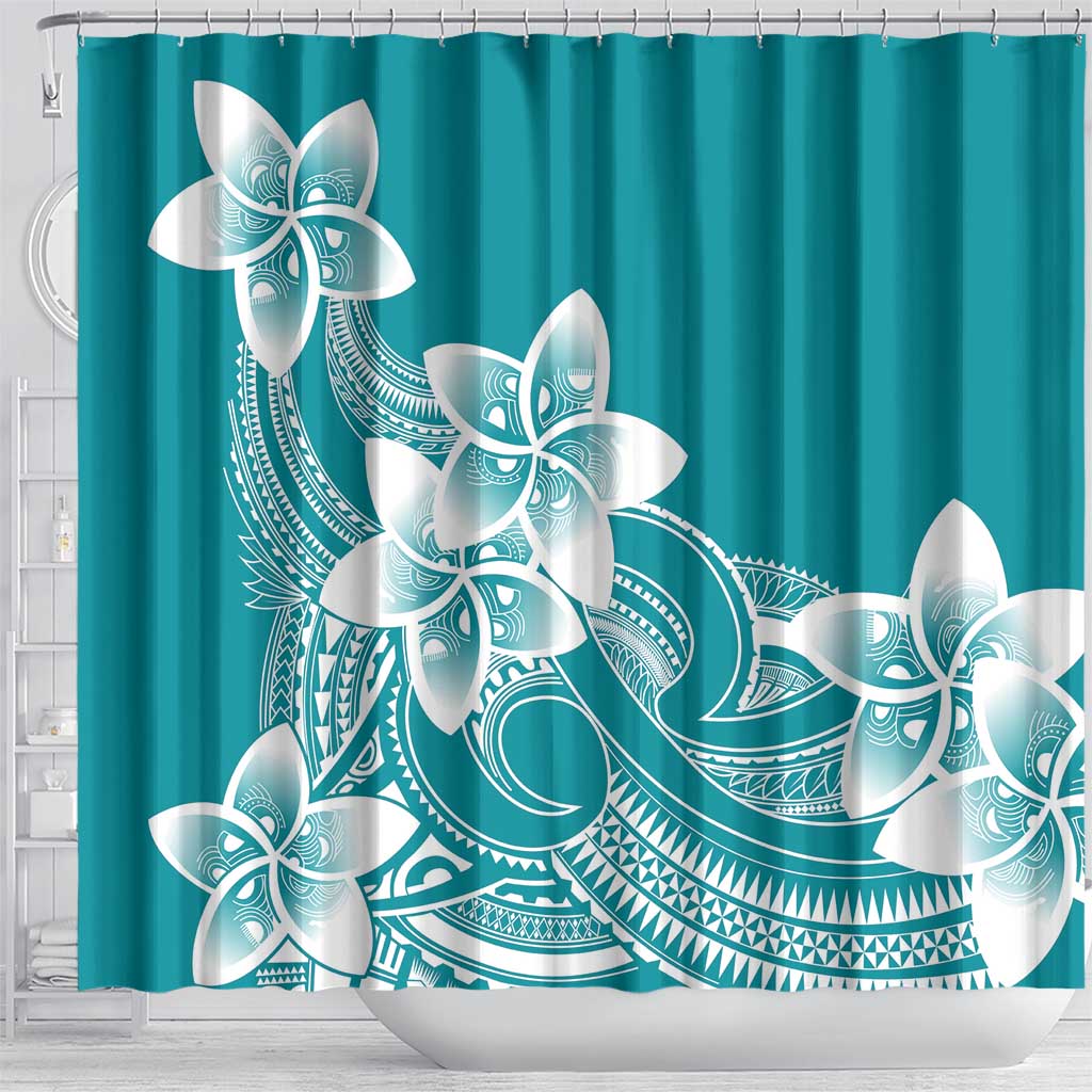 Polynesian Plumeria Flowers Tribal Shower Curtain Pacific Tattoo Teal Style - Polynesian Pride