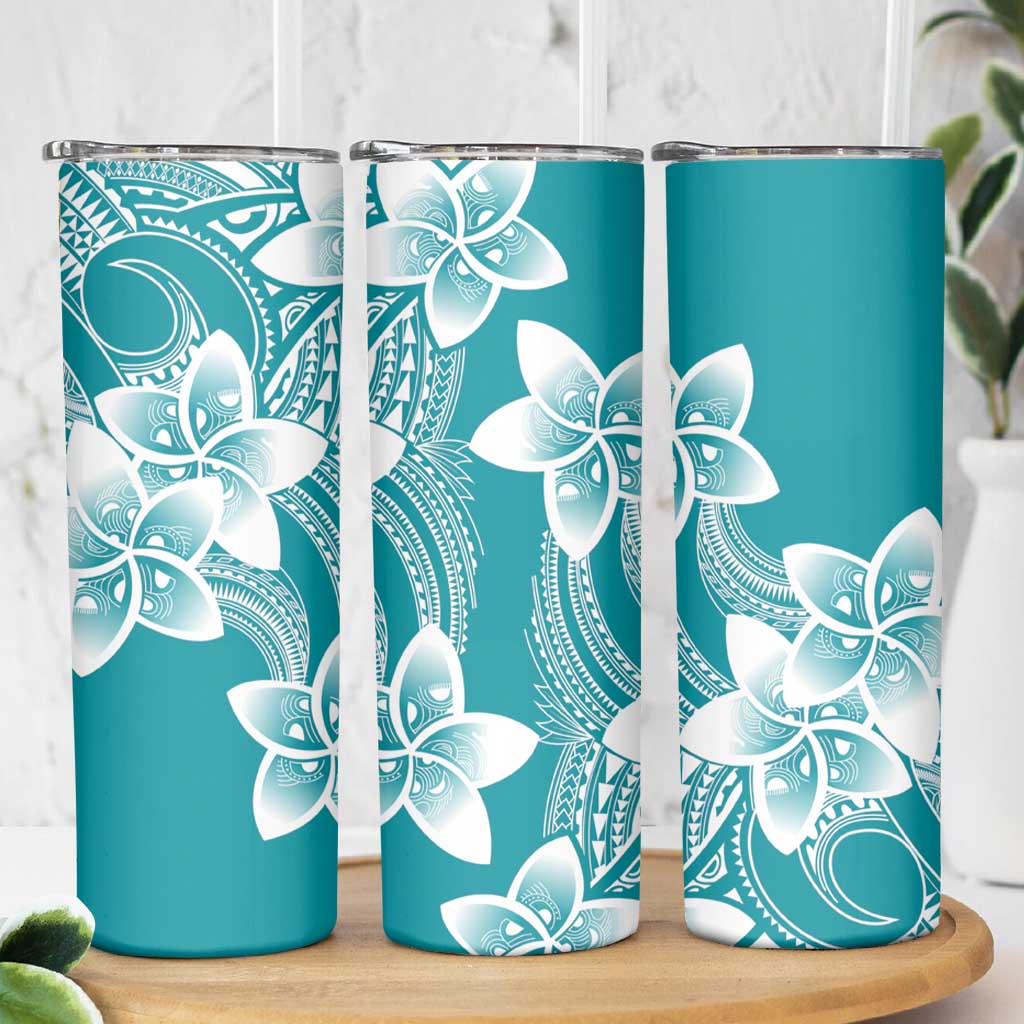 Polynesian Plumeria Flowers Tribal Skinny Tumbler Pacific Tattoo Teal Style - Polynesian Pride