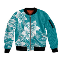Polynesian Plumeria Flowers Tribal Sleeve Zip Bomber Jacket Pacific Tattoo Teal Style - Polynesian Pride