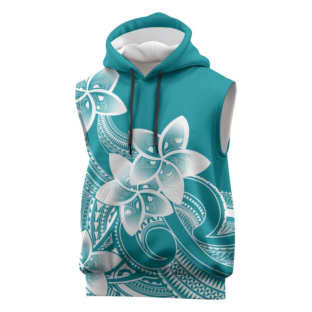 Polynesian Plumeria Flowers Tribal Sleeveless Hoodie Pacific Tattoo Teal Style - Polynesian Pride