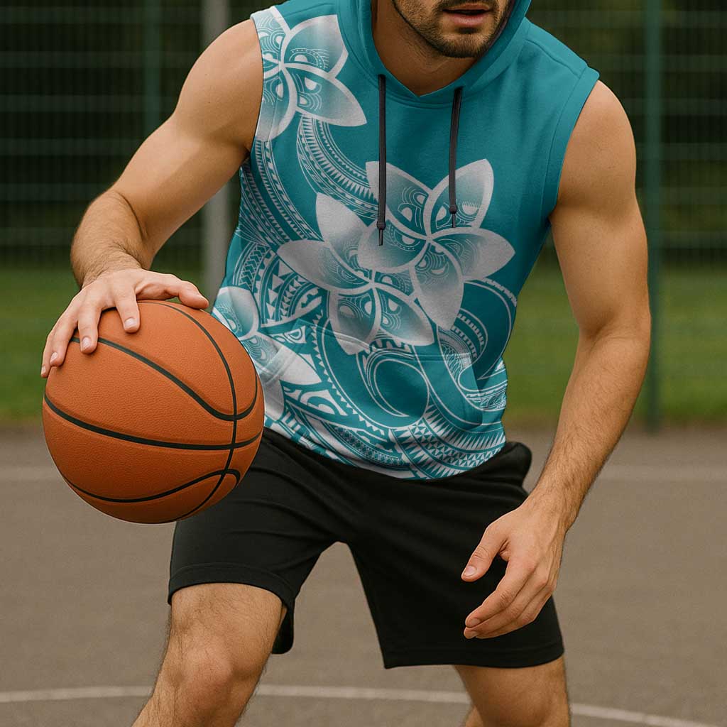 Polynesian Plumeria Flowers Tribal Sleeveless Hoodie Pacific Tattoo Teal Style - Polynesian Pride
