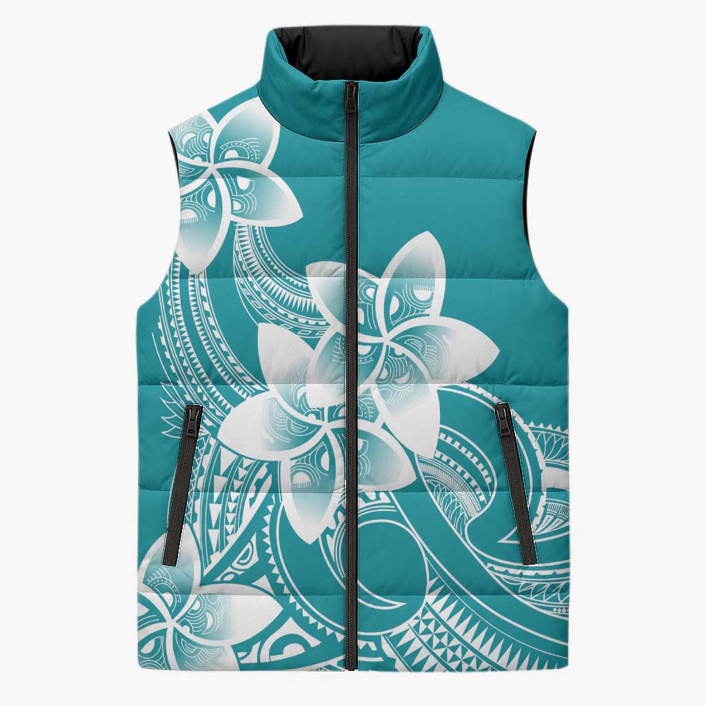 Polynesian Plumeria Flowers Tribal Sleeveless Puffer Jacket Pacific Tattoo Teal Style - Polynesian Pride