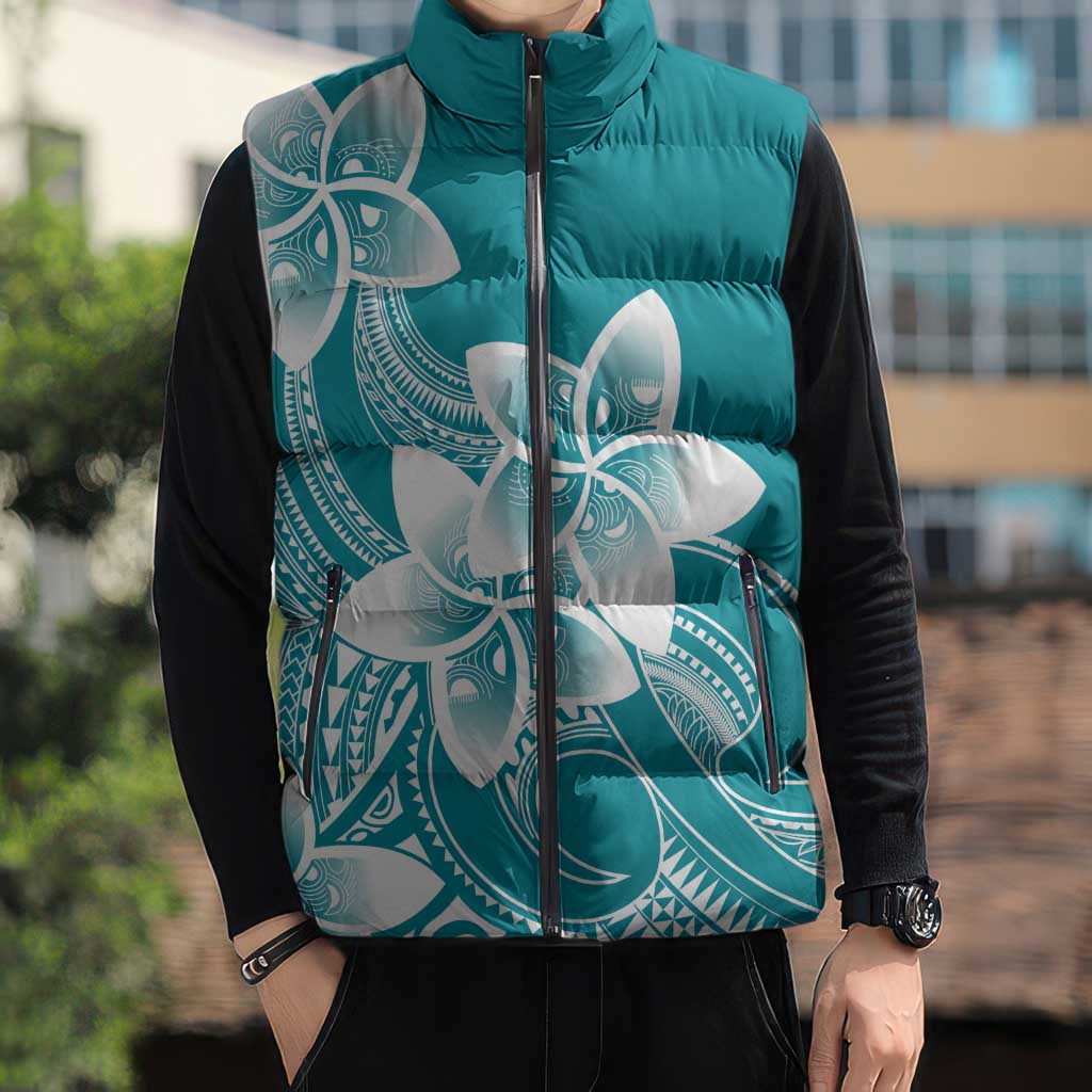 Polynesian Plumeria Flowers Tribal Sleeveless Puffer Jacket Pacific Tattoo Teal Style - Polynesian Pride