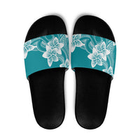 Polynesian Plumeria Flowers Tribal Slide Sandals Pacific Tattoo Teal Style - Polynesian Pride