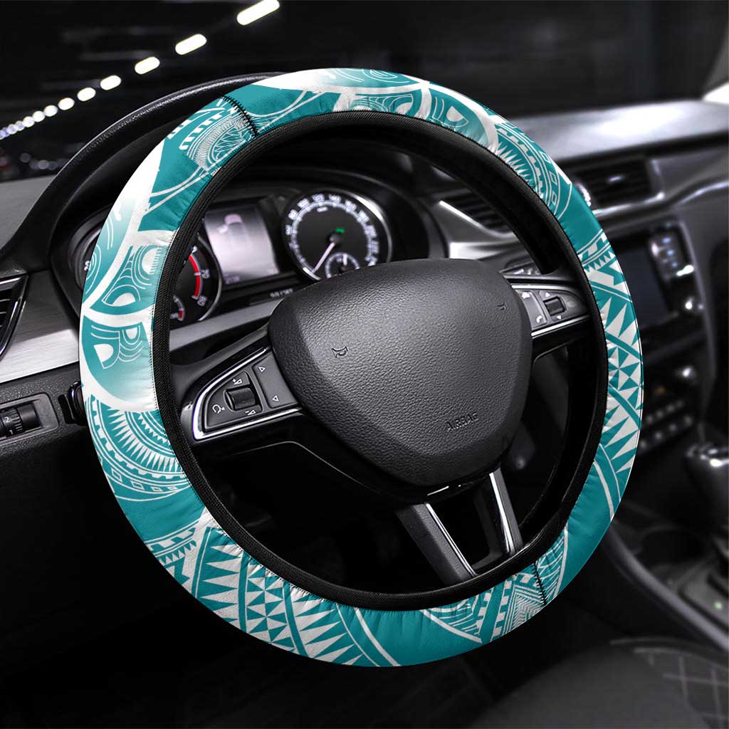 Polynesian Plumeria Flowers Tribal Steering Wheel Cover Pacific Tattoo Teal Style - Polynesian Pride