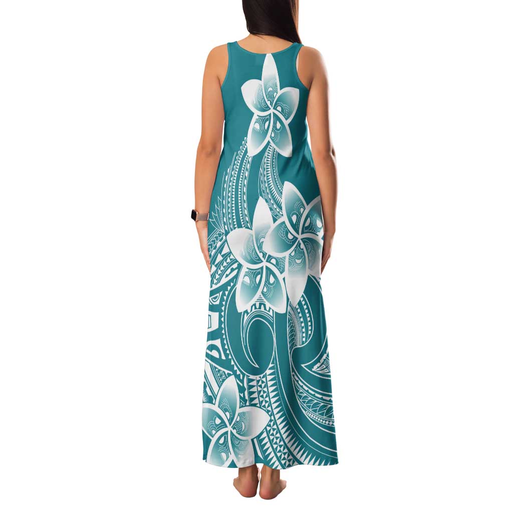 Polynesian Plumeria Flowers Tribal Tank Maxi Dress Pacific Tattoo Teal Style - Polynesian Pride