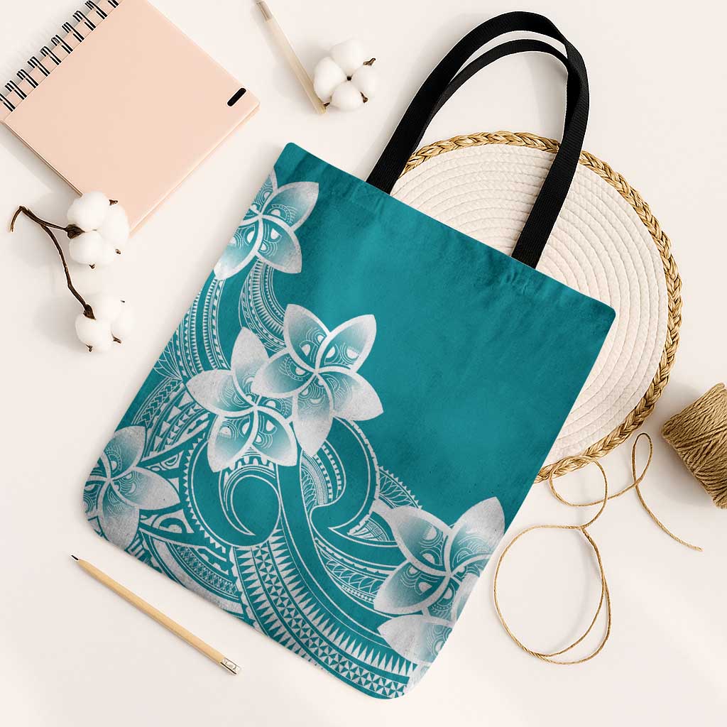 Polynesian Plumeria Flowers Tribal Tote Bag Pacific Tattoo Teal Style - Polynesian Pride