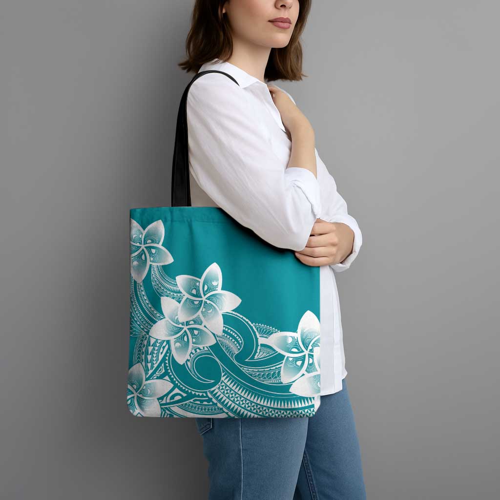 Polynesian Plumeria Flowers Tribal Tote Bag Pacific Tattoo Teal Style - Polynesian Pride