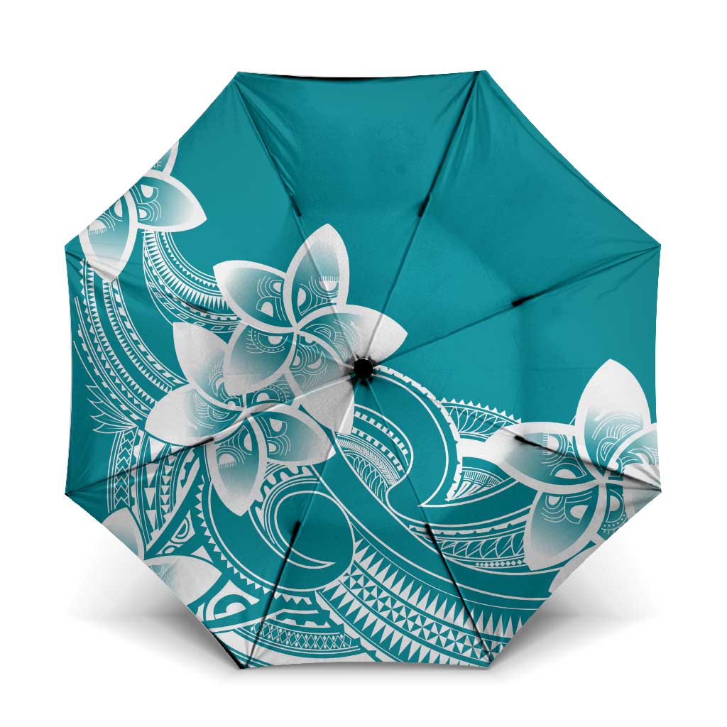 Polynesian Plumeria Flowers Tribal Umbrella Pacific Tattoo Teal Style - Polynesian Pride