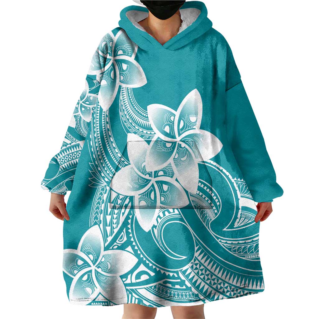 Polynesian Plumeria Flowers Tribal Wearable Blanket Hoodie Pacific Tattoo Teal Style - Polynesian Pride