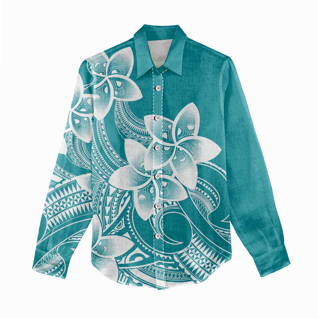 Polynesian Plumeria Flowers Tribal Women Casual Shirt Pacific Tattoo Teal Style - Polynesian Pride