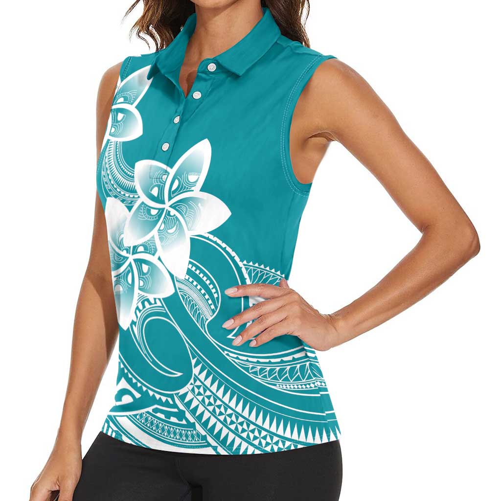 Polynesian Plumeria Flowers Tribal Women Sleeveless Polo Shirt Pacific Tattoo Teal Style - Polynesian Pride