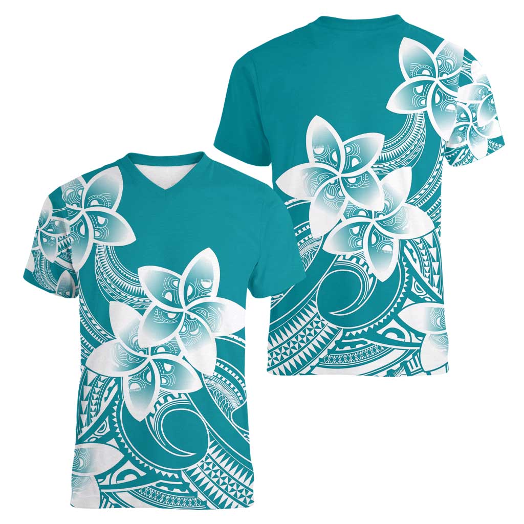 Polynesian Plumeria Flowers Tribal Women V-Neck T-Shirt Pacific Tattoo Teal Style - Polynesian Pride