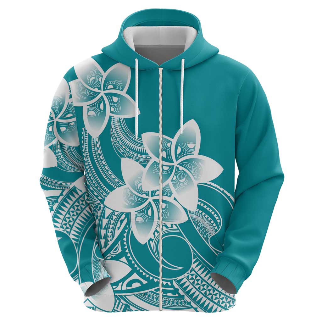 Polynesian Plumeria Flowers Tribal Zip Hoodie Pacific Tattoo Teal Style - Polynesian Pride