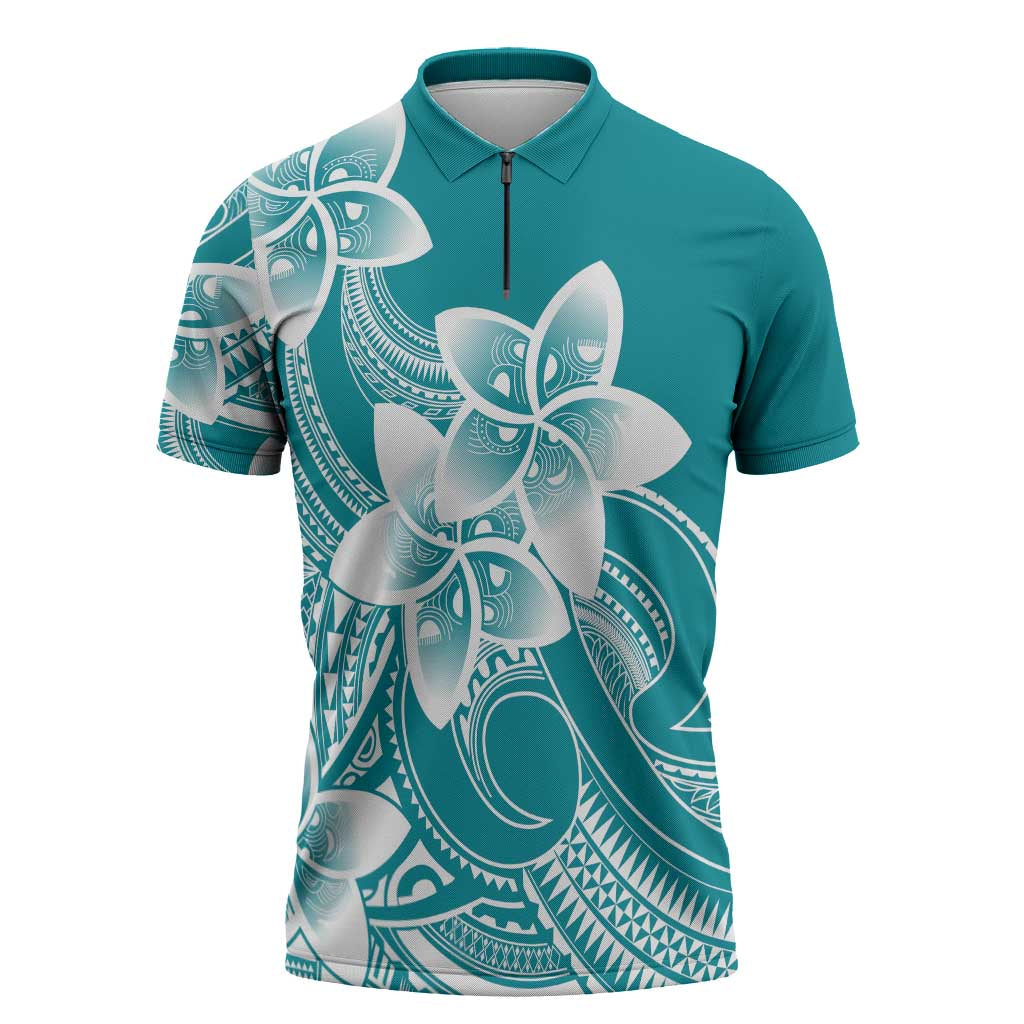 Polynesian Plumeria Flowers Tribal Zipper Polo Shirt Pacific Tattoo Teal Style - Polynesian Pride