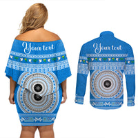 Personalised Fiji Marau Na Kerisimasi Couples Matching Off Shoulder Short Dress and Long Sleeve Button Shirt Merry Christmas Tapa Pattern Blue Style LT9 - Polynesian Pride