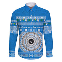 Personalised Fiji Marau Na Kerisimasi Family Matching Puletasi Dress and Hawaiian Shirt Merry Christmas Tapa Pattern Blue Style LT9 Dad's Shirt - Long Sleeve Red - Polynesian Pride