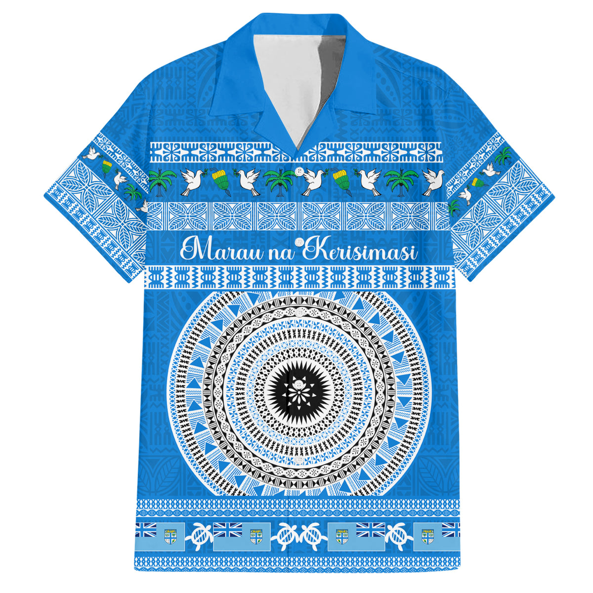 Personalised Fiji Marau Na Kerisimasi Family Matching Short Sleeve Bodycon Dress and Hawaiian Shirt Merry Christmas Tapa Pattern Blue Style LT9 Dad's Shirt - Short Sleeve Red - Polynesian Pride