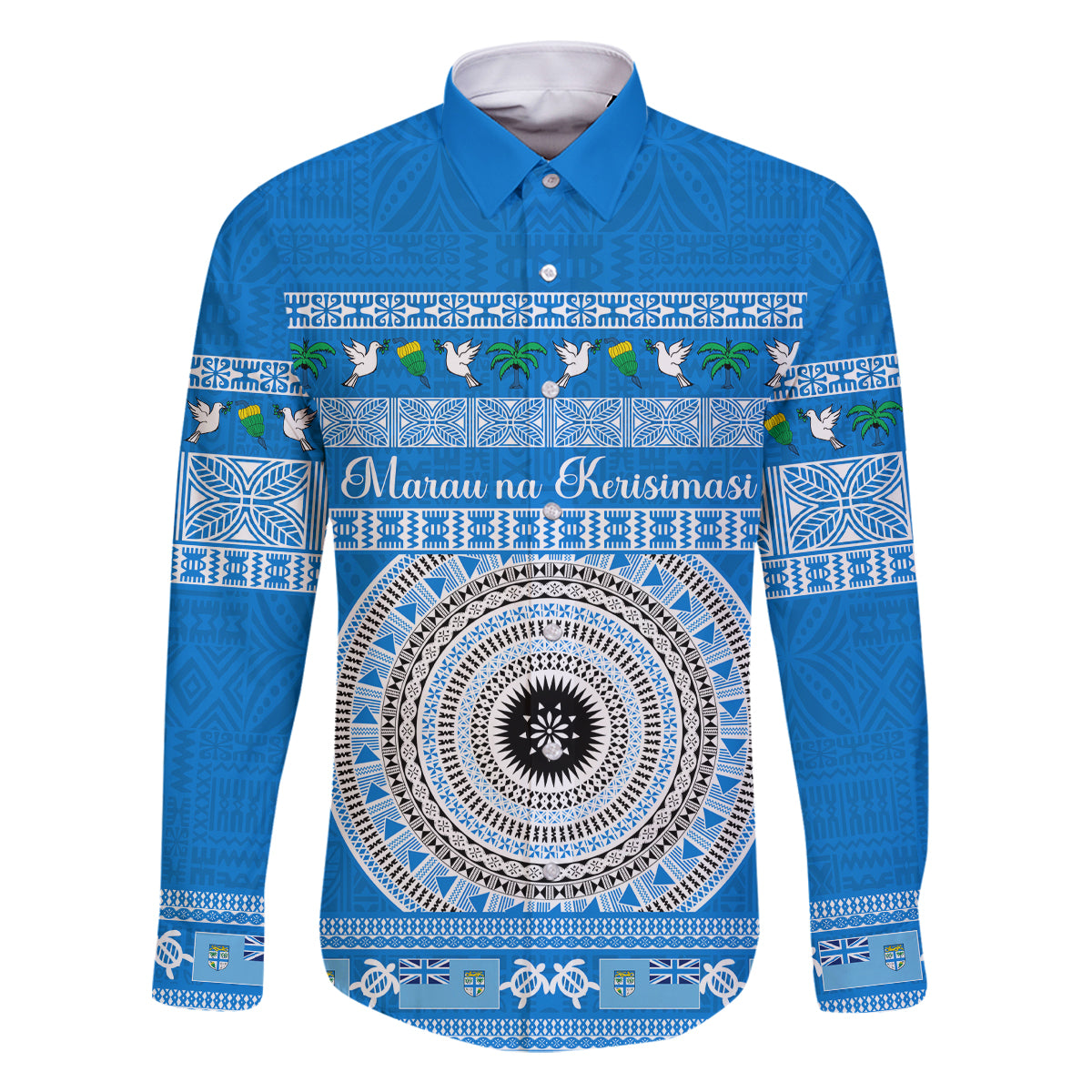 Personalised Fiji Marau Na Kerisimasi Family Matching Summer Maxi Dress and Hawaiian Shirt Merry Christmas Tapa Pattern Blue Style LT9 Dad's Shirt - Long Sleeve Red - Polynesian Pride