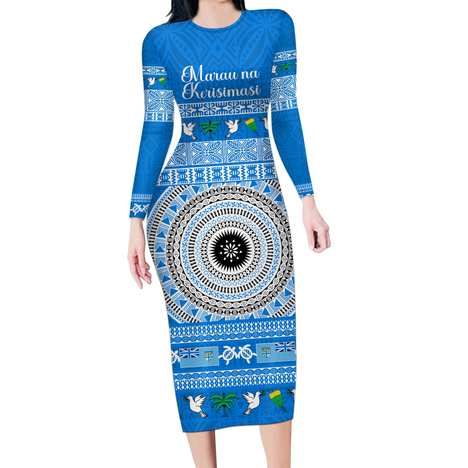 Personalised Fiji Marau Na Kerisimasi Long Sleeve Bodycon Dress Merry Christmas Tapa Pattern Blue Style LT9 Long Dress Red - Polynesian Pride
