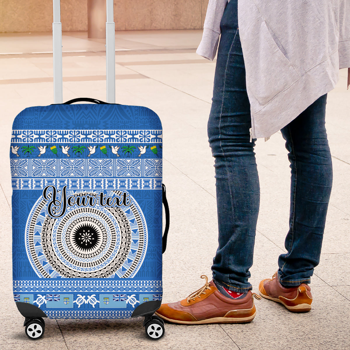 Personalised Fiji Marau Na Kerisimasi Luggage Cover Merry Christmas Tapa Pattern Blue Style LT9 Red - Polynesian Pride