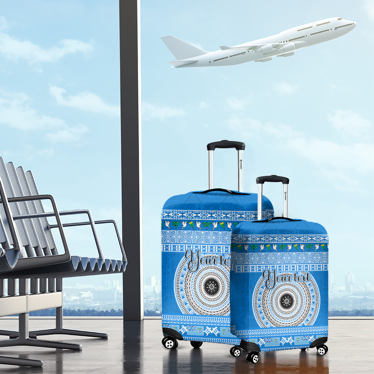 Personalised Fiji Marau Na Kerisimasi Luggage Cover Merry Christmas Tapa Pattern Blue Style LT9 - Polynesian Pride
