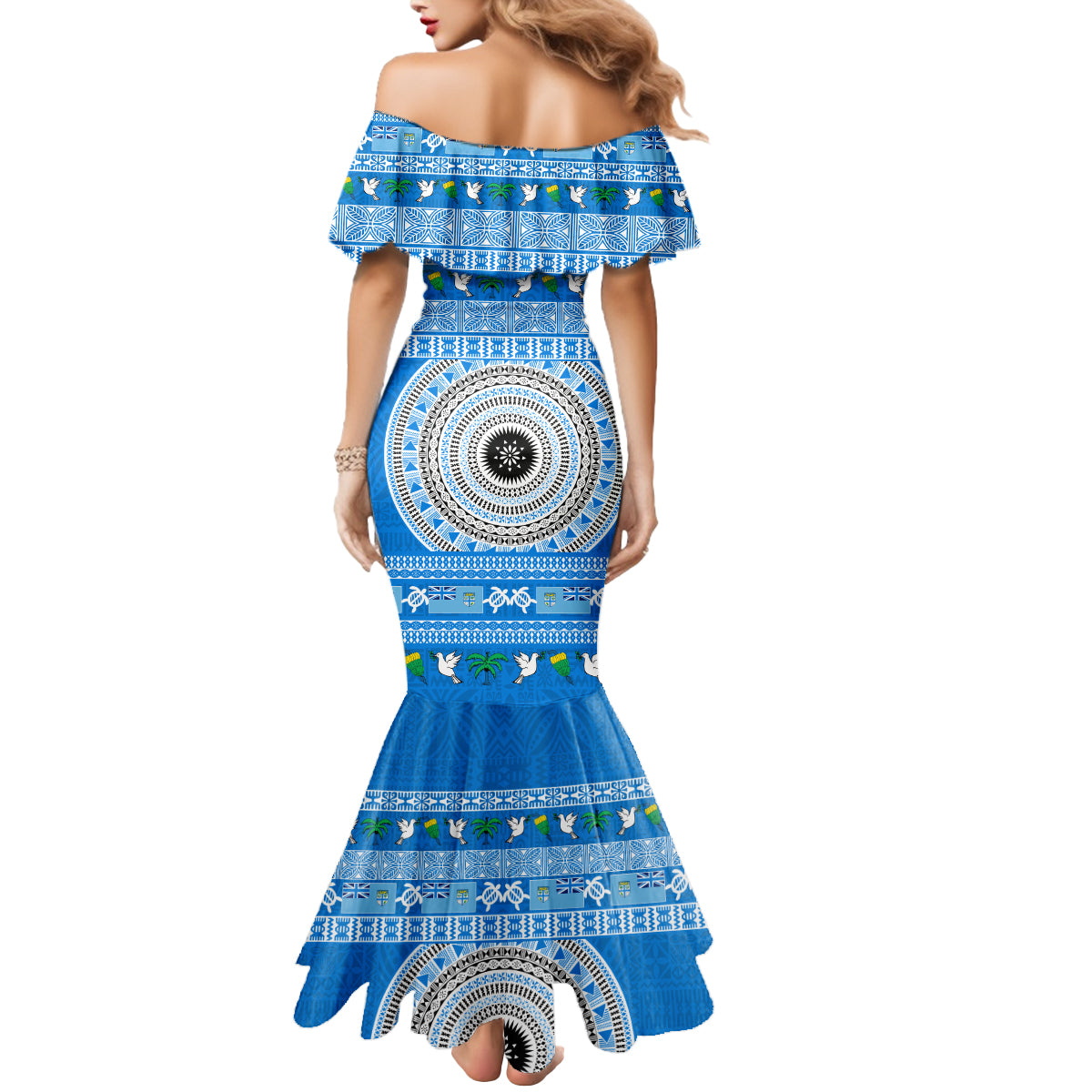 Personalised Fiji Marau Na Kerisimasi Mermaid Dress Merry Christmas Tapa Pattern Blue Style LT9 - Polynesian Pride