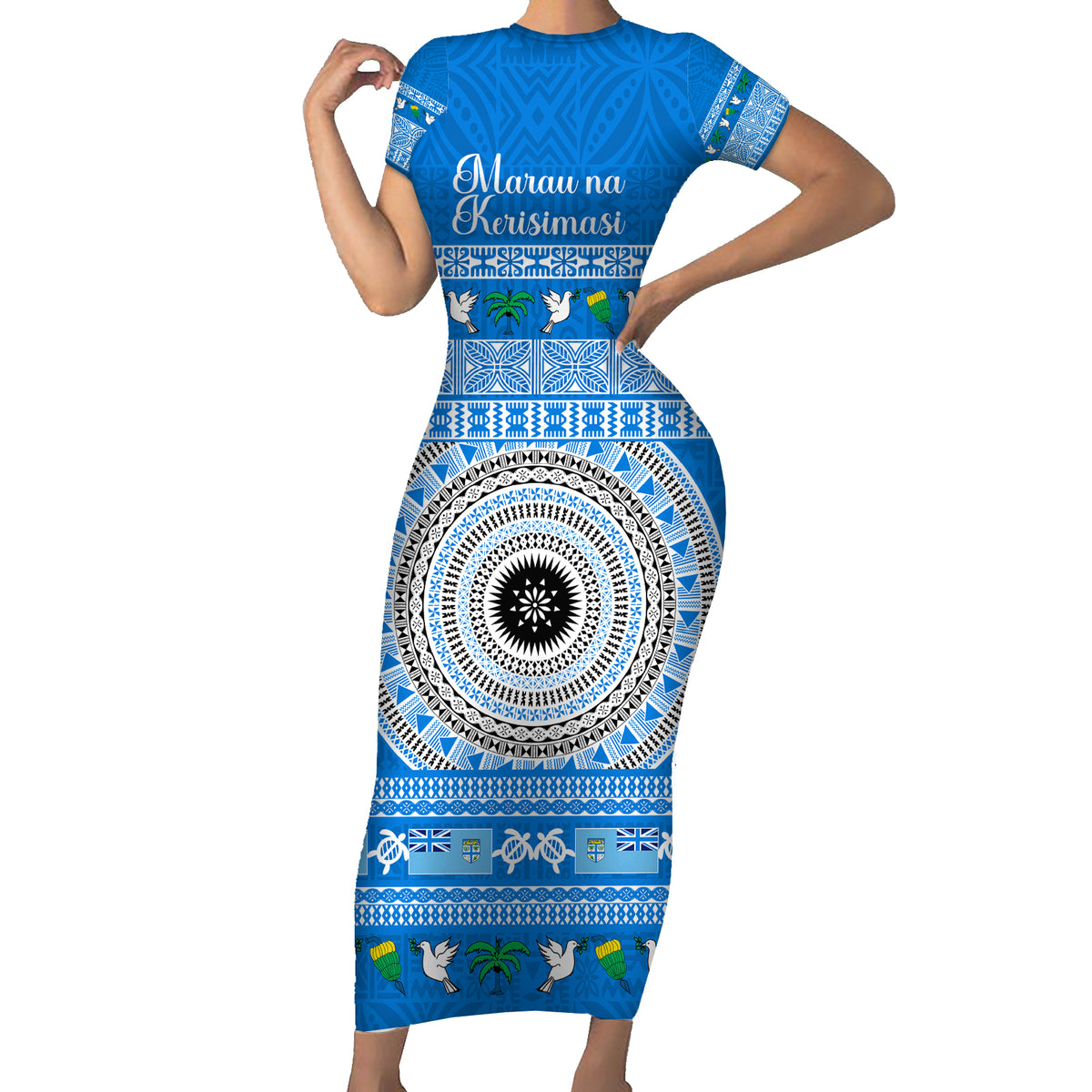 Personalised Fiji Marau Na Kerisimasi Short Sleeve Bodycon Dress Merry Christmas Tapa Pattern Blue Style LT9 Long Dress Red - Polynesian Pride