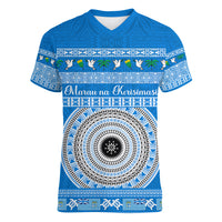 Personalised Fiji Marau Na Kerisimasi Women V Neck T Shirt Merry Christmas Tapa Pattern Blue Style LT9 Female Red - Polynesian Pride