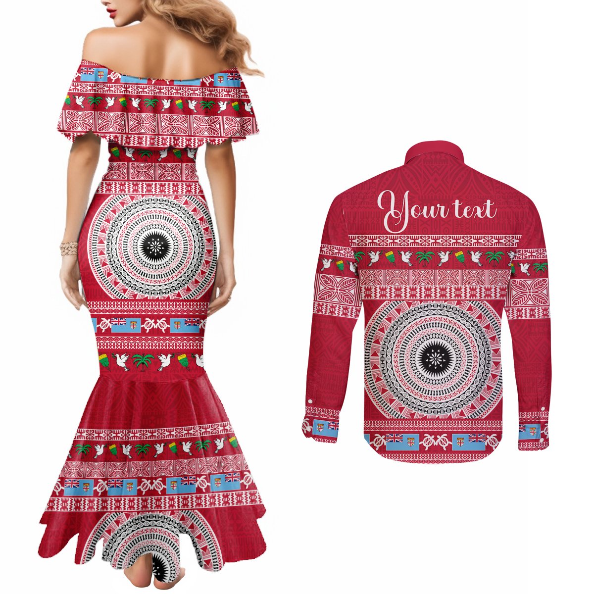 Personalised Fiji Marau Na Kerisimasi Couples Matching Mermaid Dress and Long Sleeve Button Shirt Merry Christmas Tapa Pattern Red Style LT9 - Polynesian Pride