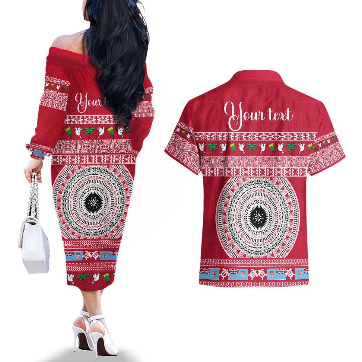 Personalised Fiji Marau Na Kerisimasi Couples Matching Off The Shoulder Long Sleeve Dress and Hawaiian Shirt Merry Christmas Tapa Pattern Red Style LT9 - Polynesian Pride