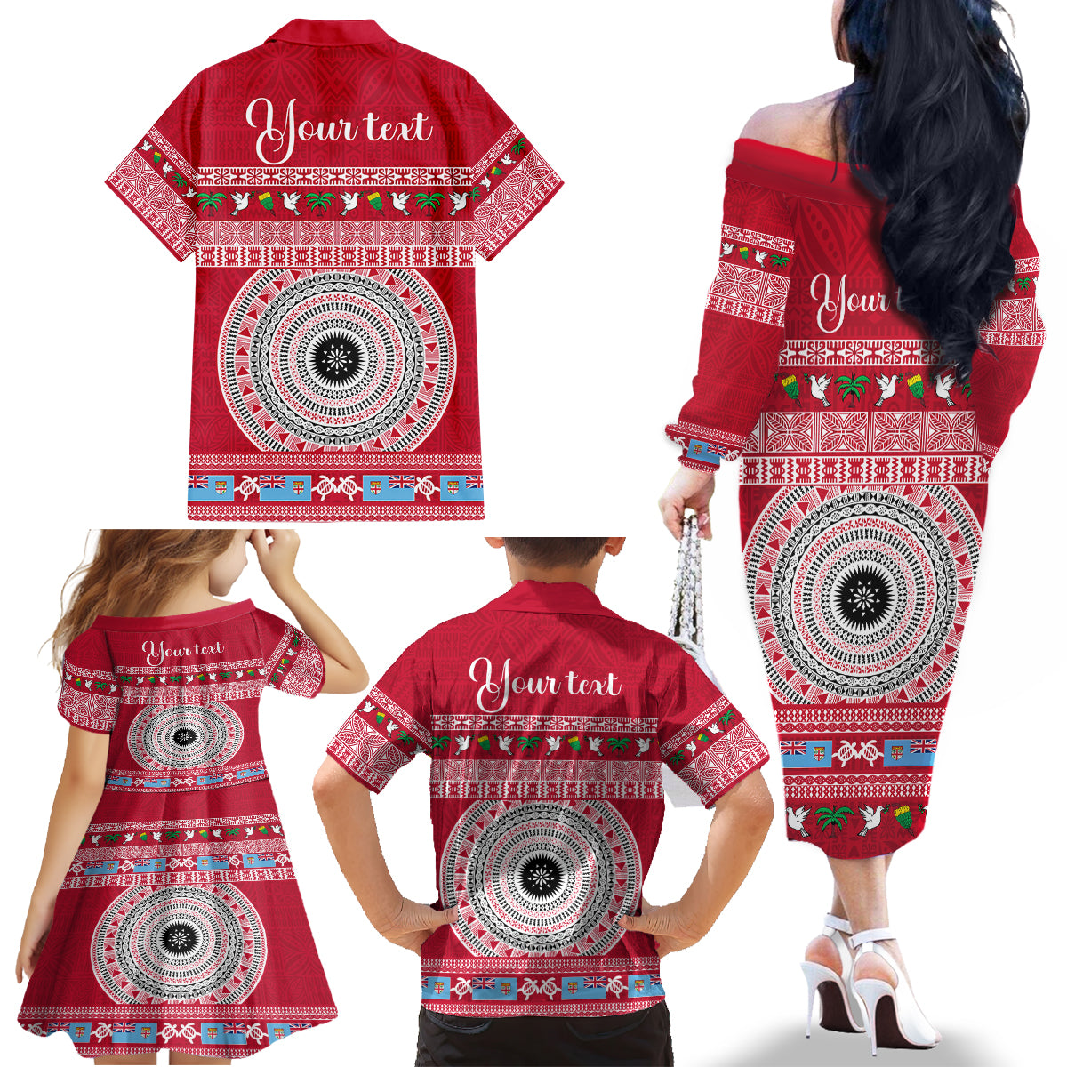 Personalised Fiji Marau Na Kerisimasi Family Matching Off Shoulder Long Sleeve Dress and Hawaiian Shirt Merry Christmas Tapa Pattern Red Style LT9 - Polynesian Pride
