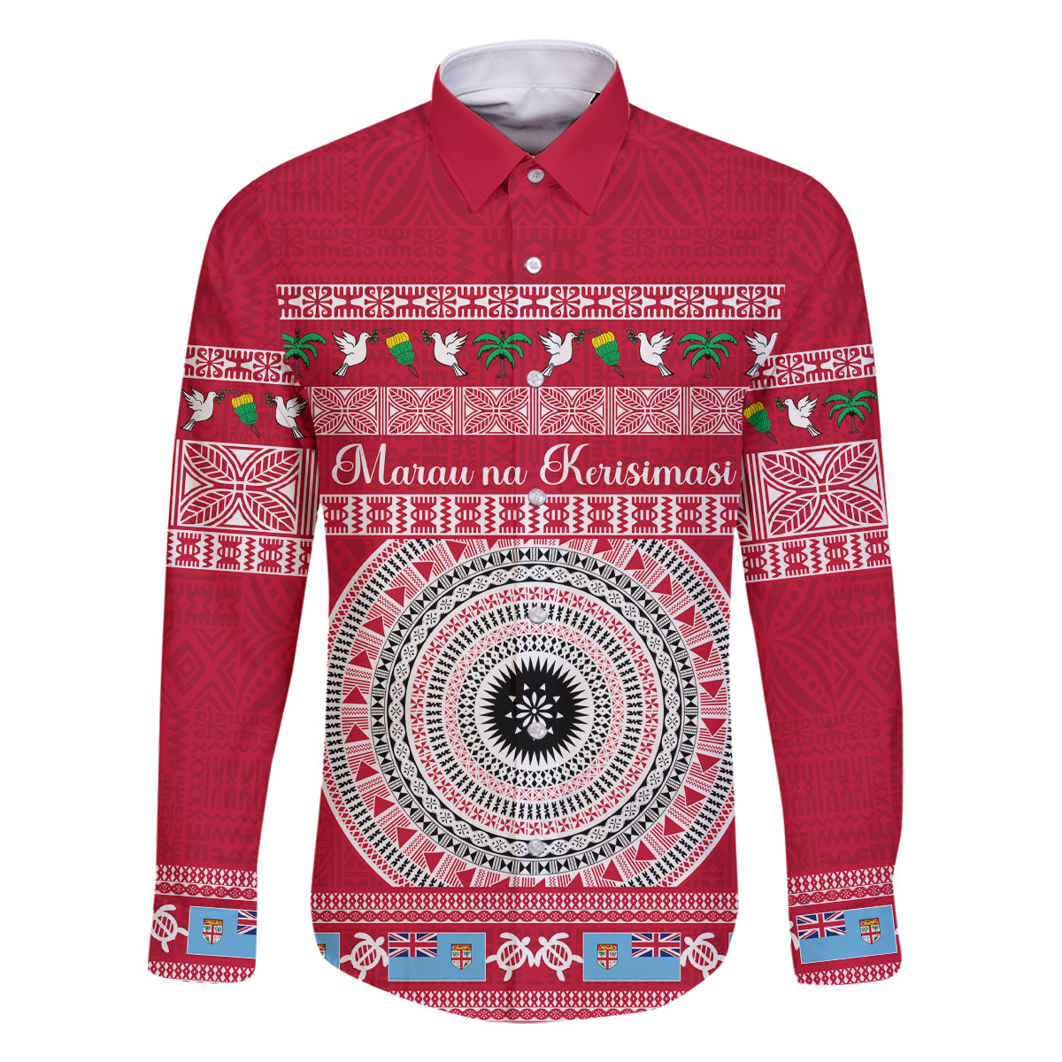 Personalised Fiji Marau Na Kerisimasi Family Matching Off Shoulder Long Sleeve Dress and Hawaiian Shirt Merry Christmas Tapa Pattern Red Style LT9 Dad's Shirt - Long Sleeve Red - Polynesian Pride