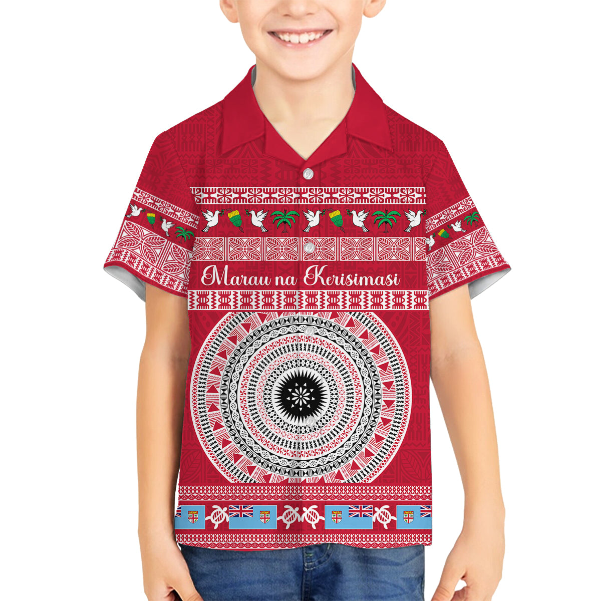 Personalised Fiji Marau Na Kerisimasi Family Matching Off Shoulder Long Sleeve Dress and Hawaiian Shirt Merry Christmas Tapa Pattern Red Style LT9 Son's Shirt Red - Polynesian Pride