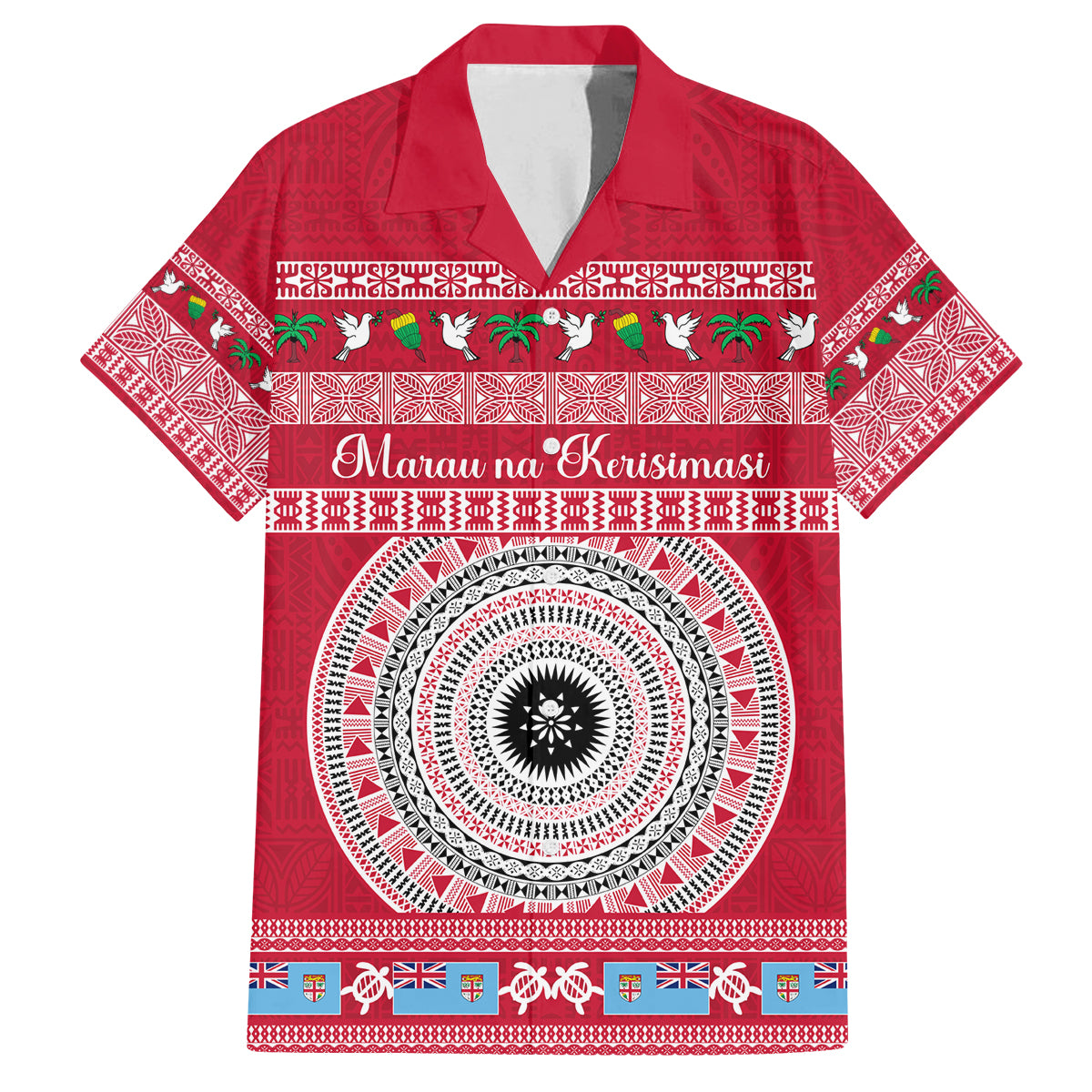 Personalised Fiji Marau Na Kerisimasi Family Matching Puletasi Dress and Hawaiian Shirt Merry Christmas Tapa Pattern Red Style LT9 Dad's Shirt - Short Sleeve Red - Polynesian Pride