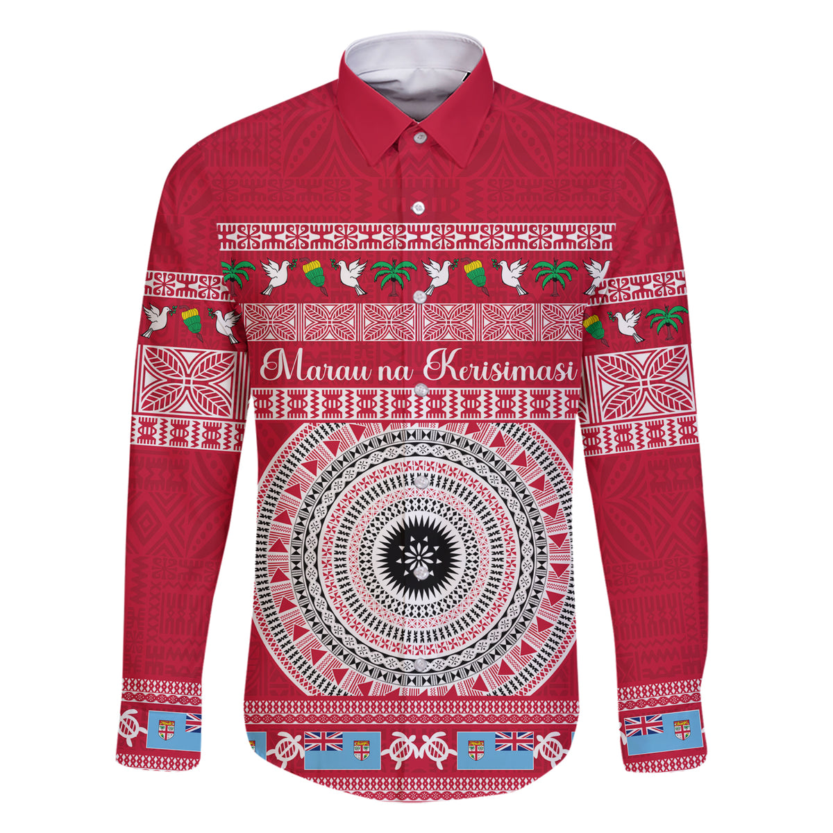 Personalised Fiji Marau Na Kerisimasi Family Matching Short Sleeve Bodycon Dress and Hawaiian Shirt Merry Christmas Tapa Pattern Red Style LT9 Dad's Shirt - Long Sleeve Red - Polynesian Pride