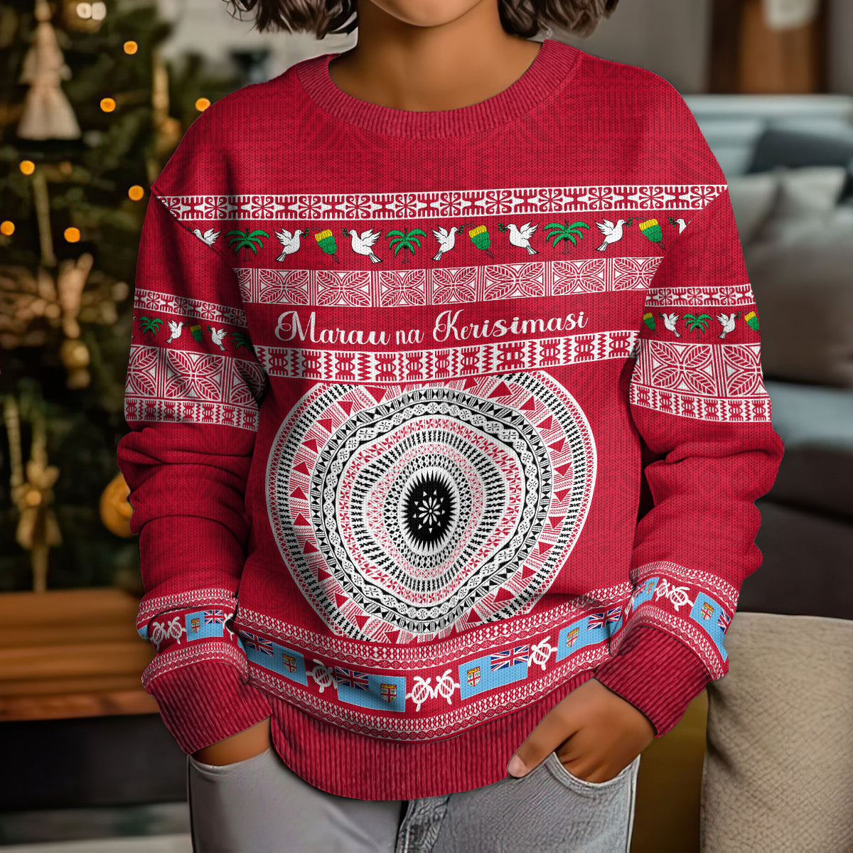 Personalised Fiji Marau Na Kerisimasi Kid Ugly Christmas Sweater Merry Christmas Tapa Pattern Red Style LT9 - Polynesian Pride