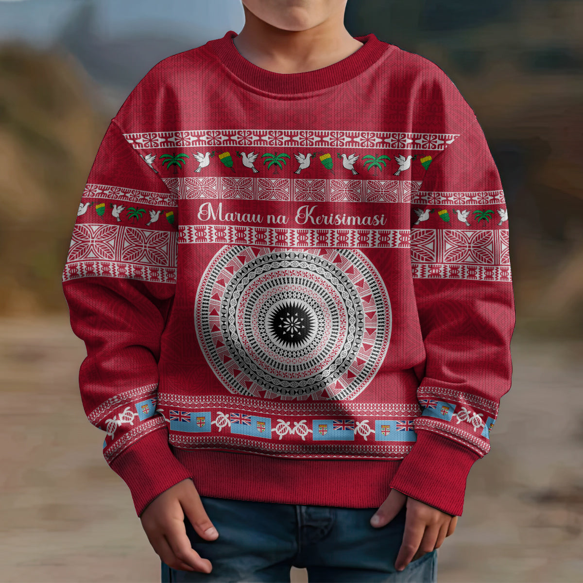 Personalised Fiji Marau Na Kerisimasi Kid Ugly Christmas Sweater Merry Christmas Tapa Pattern Red Style LT9 - Polynesian Pride